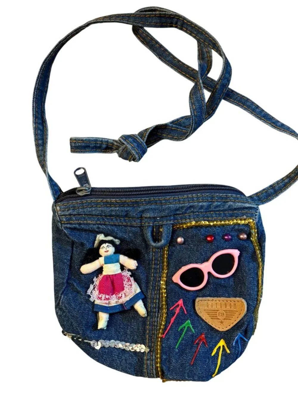 Vintage Gitano Denim Crossbody Bag With Doll & Colorful Embellishments Adjustabl